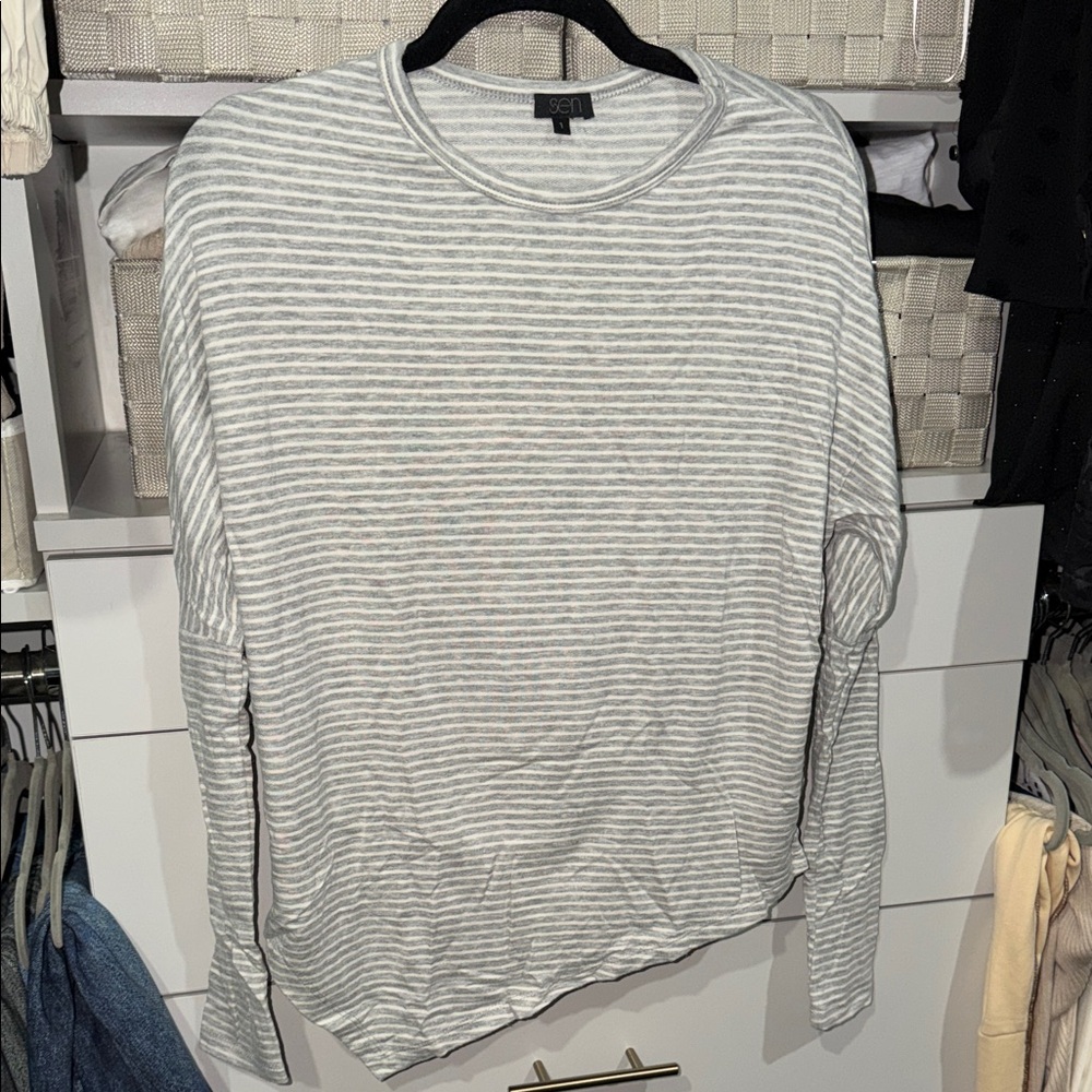 SEN Asymmetrical Gray Striped Long Sleeve Top